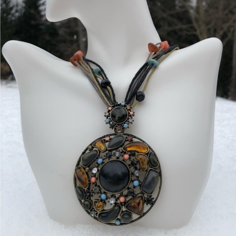 Medallion Multi Strand Stone Statement Necklace - image 1